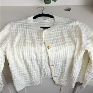White Textured Cardigan with Gold Buttons